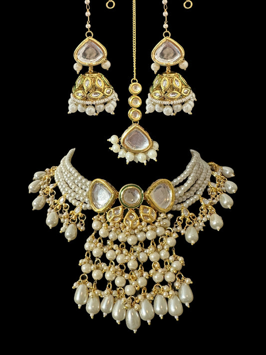 Kundan and Pearl Festive Set – Nudar — full set of necklace, earrings and maang tika, arranged hanging