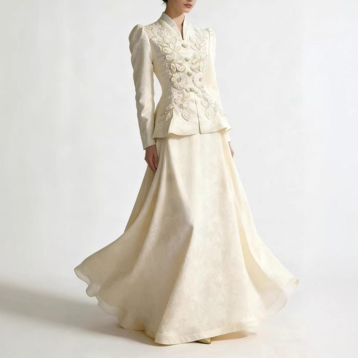 White 3D Floral Embroidered Peplum Top & Maxi Skirt Set