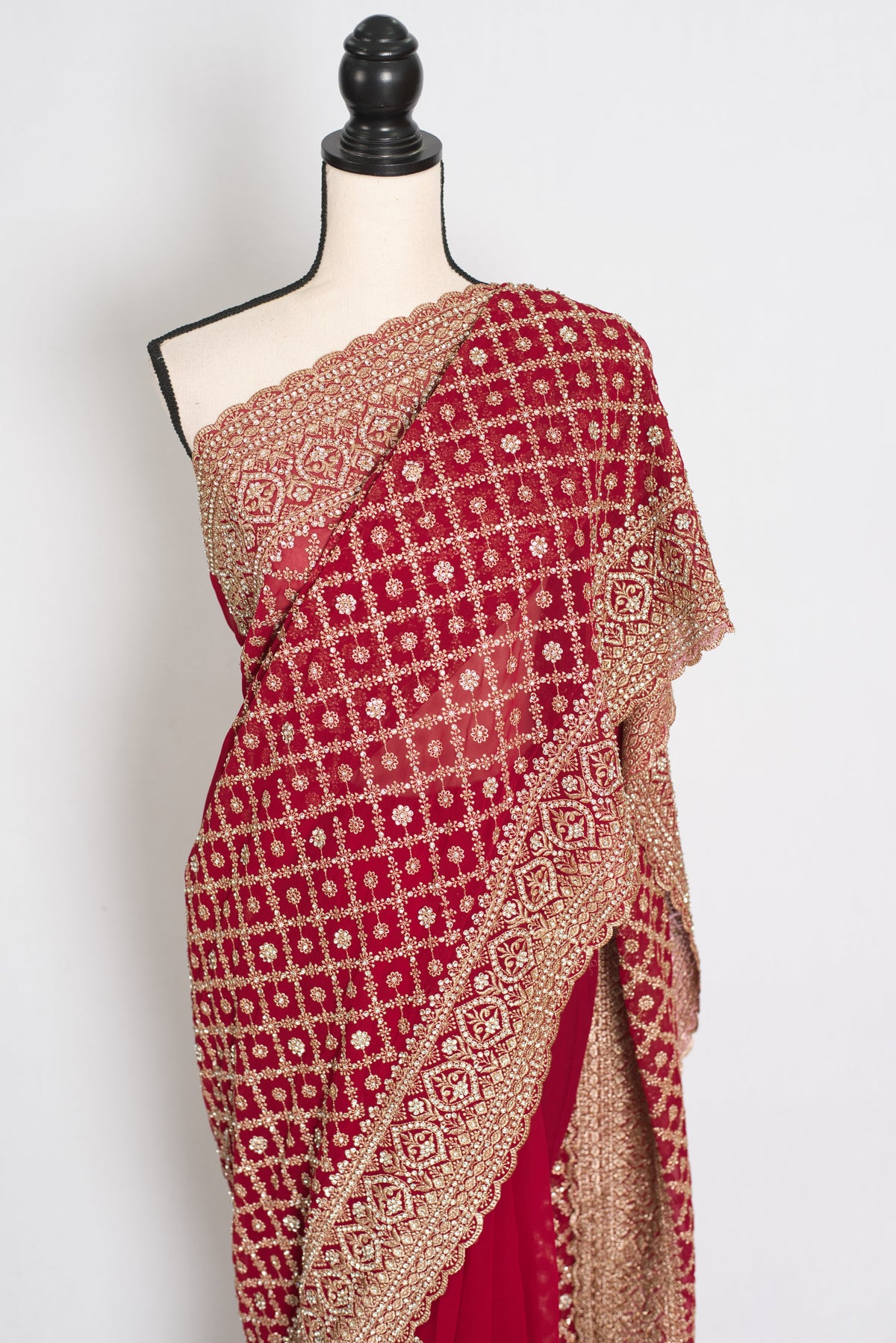 Dark Red and Gold Georgette Festive Saree
