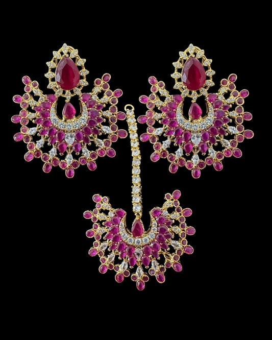 Gold-Plated Chandbali Earrings and Tika Set – Ruby – Subhana — full set of chandbali earrings with maang tika