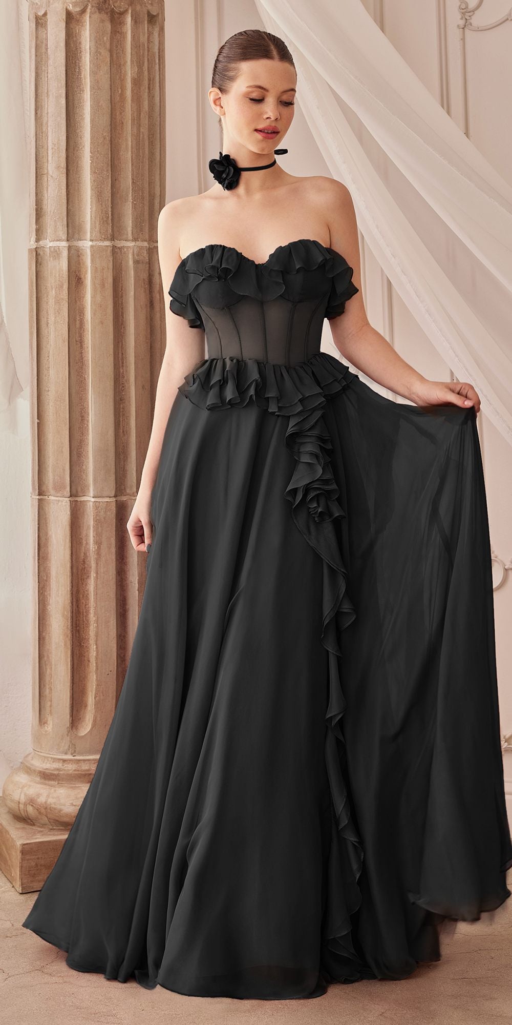 Andrea & Leo Long Strapless Chiffon Ruffle A-Line Dress — photo 2