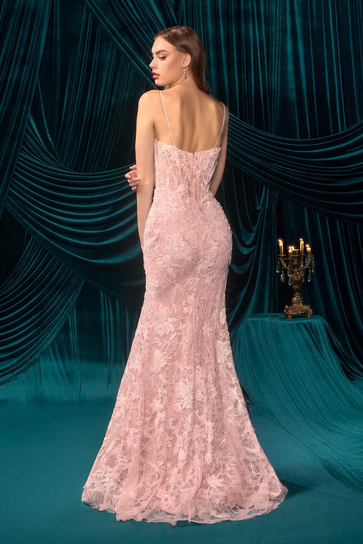 Andrea & Leo Ethereal Floral Lace Thigh High Slit Fitted Lace Gown — photo 10