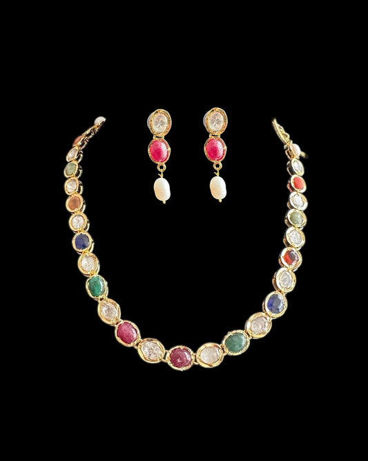 Navratan Necklace with Earrings – Bhanu — necklace with matching earrings on a black background