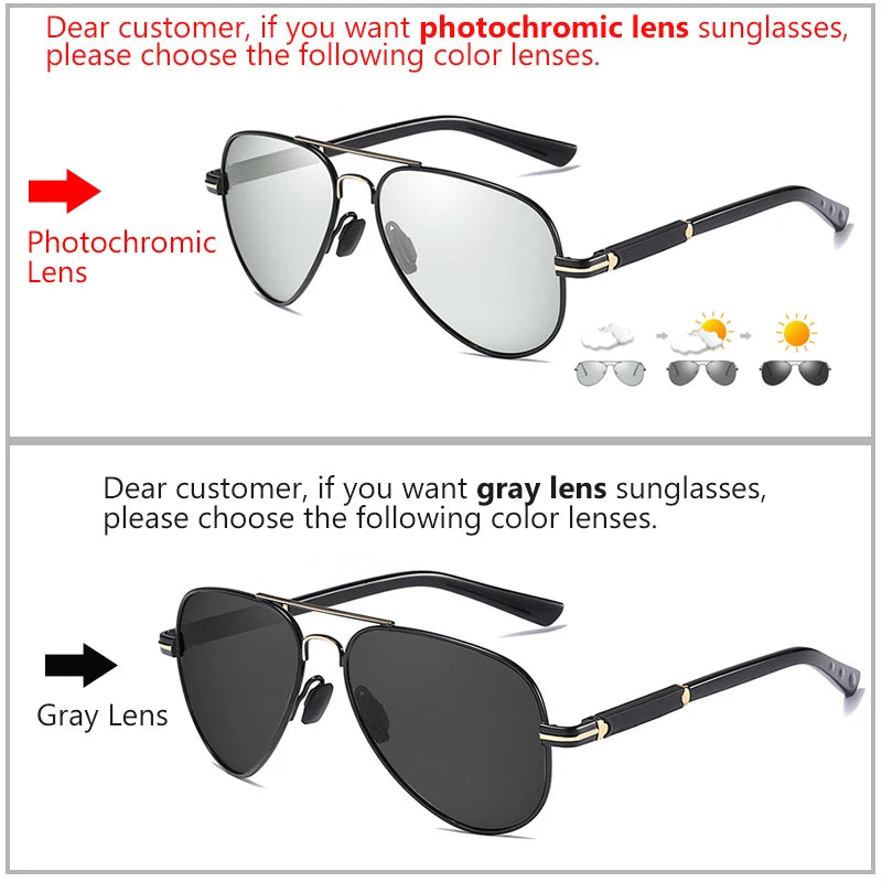 Mens Polarized Aviation Alloy Frame Photochromic Sunglasses Men Brand