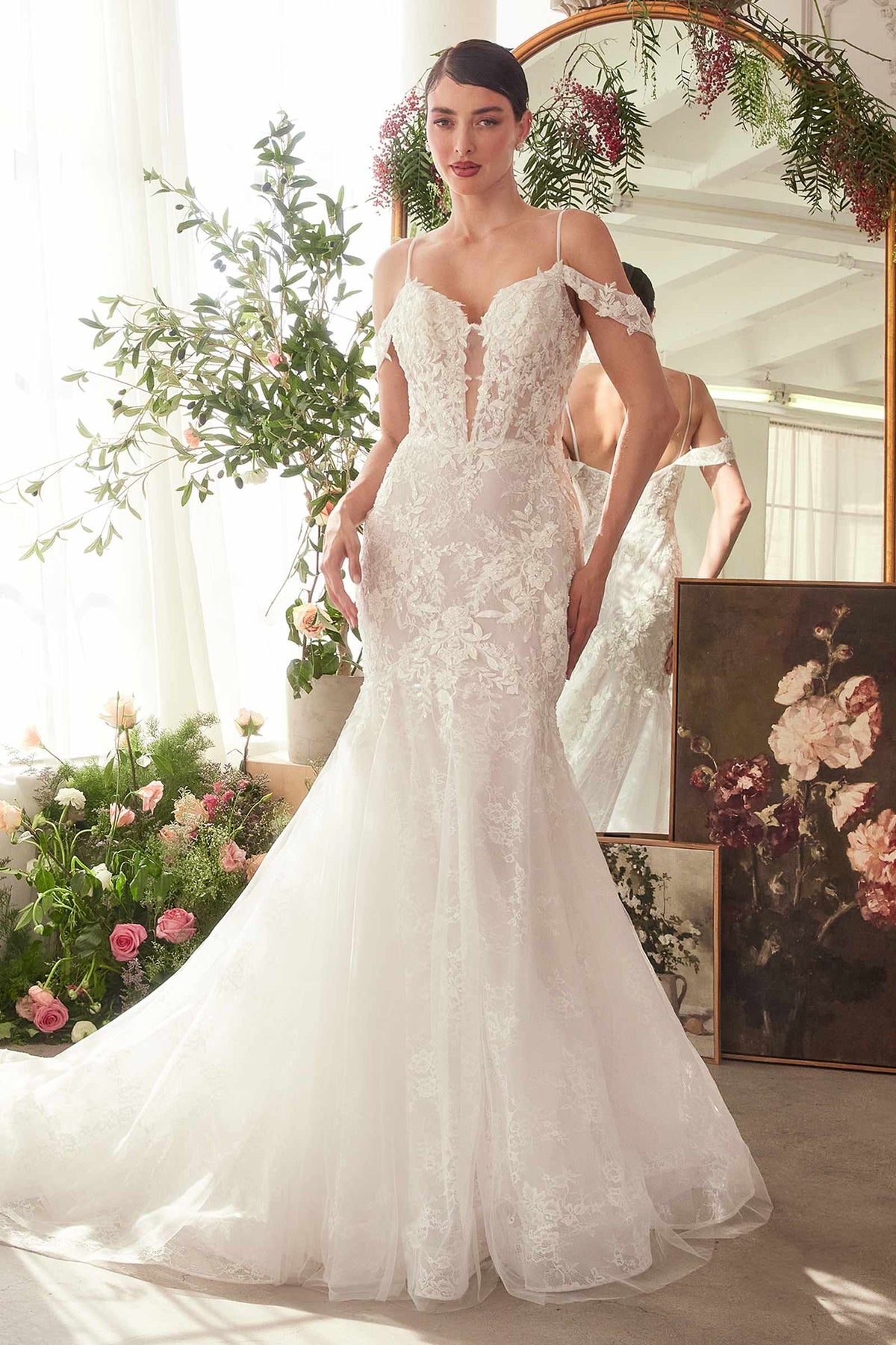 Andrea & Leo fitted lace mermaid wedding gown in off white with detachable straps — front view