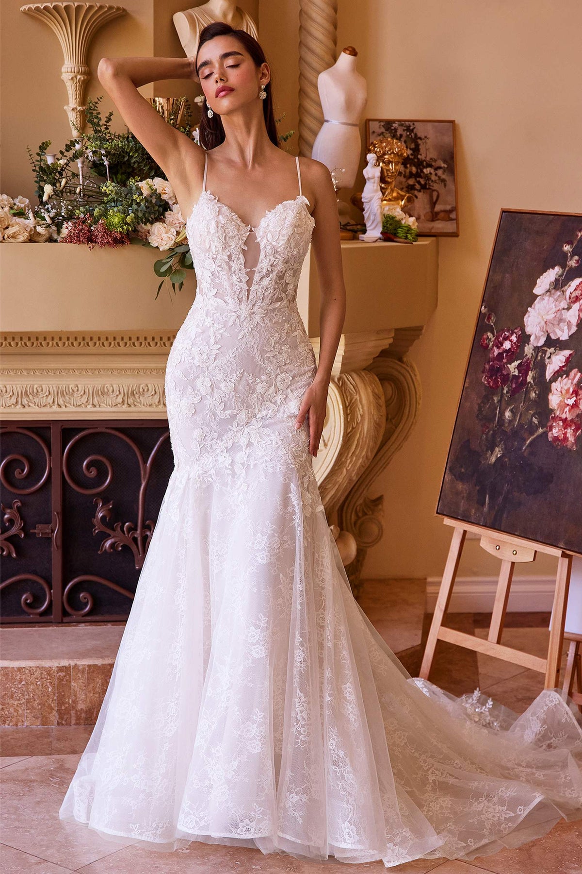 Andrea & Leo fitted lace mermaid wedding gown in off white — full-length front view