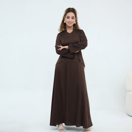 Black Beaded-Waist Corset-Back Flared-Sleeve Maxi Dress – view 2