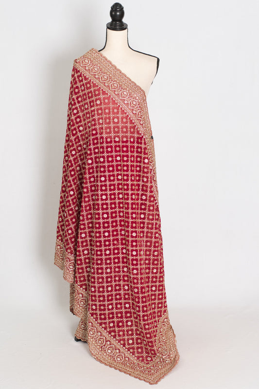 Dark Red and Gold Georgette Festive Saree — draped on a mannequin, back view