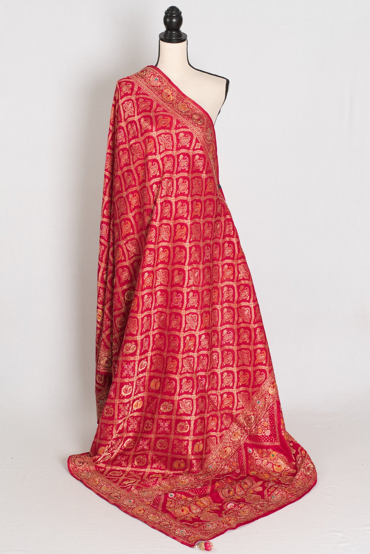 Asha Rani Pink Dola Silk Banarasi Saree — draped on a mannequin, back view