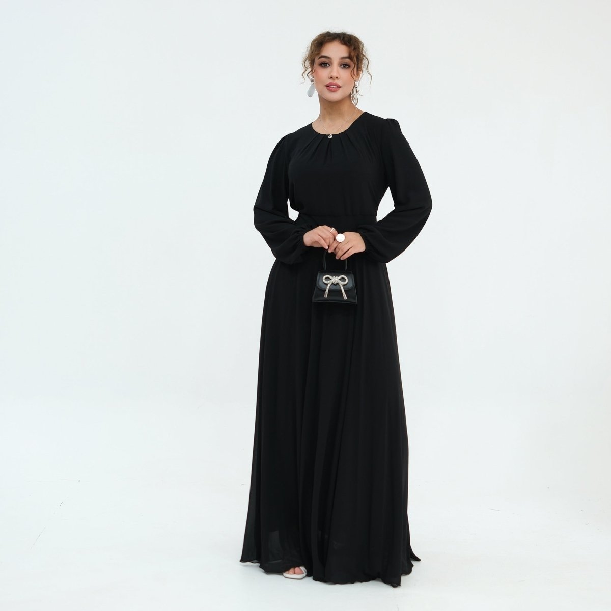 Black Crystal-Embellished Cape-Sleeve Chiffon Maxi Dress Set – view 14