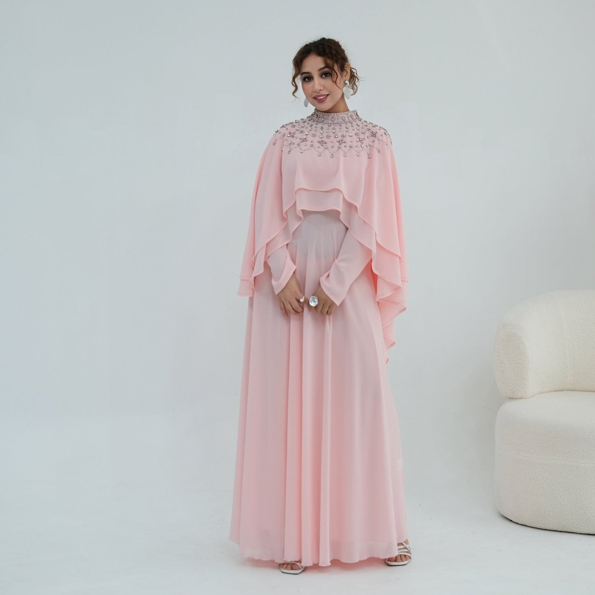 Black Crystal-Embellished Cape-Sleeve Chiffon Maxi Dress Set – view 13