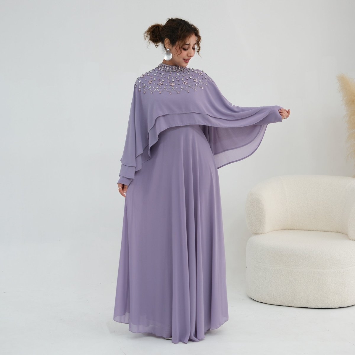 Black Crystal-Embellished Cape-Sleeve Chiffon Maxi Dress Set – view 7