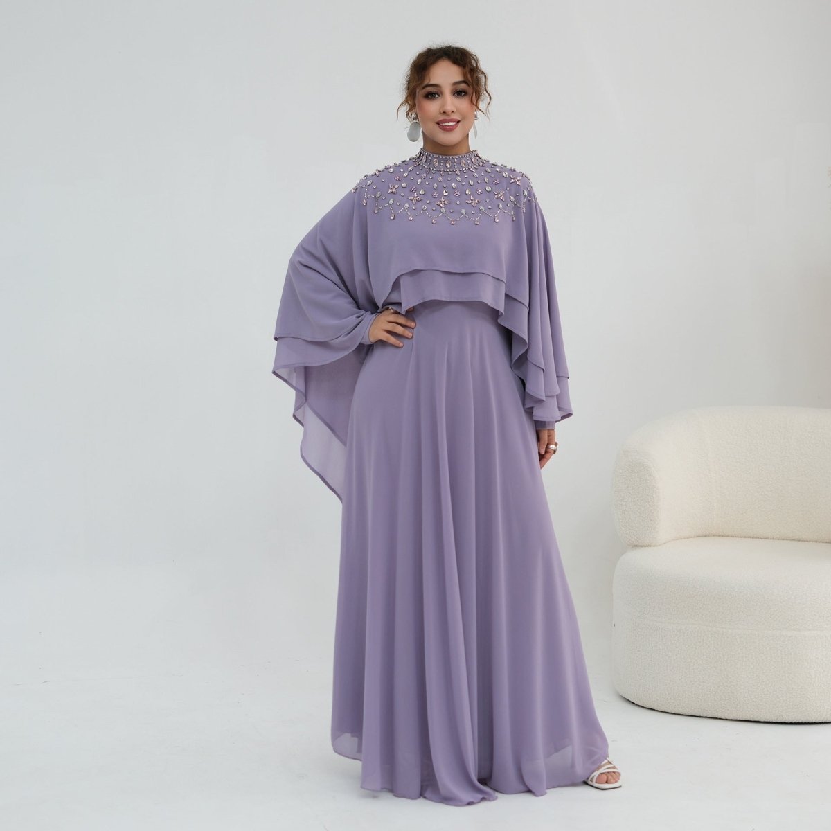 Black Crystal-Embellished Cape-Sleeve Chiffon Maxi Dress Set