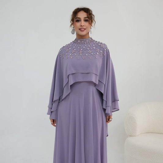 Black Crystal-Embellished Cape-Sleeve Chiffon Maxi Dress Set β view 2