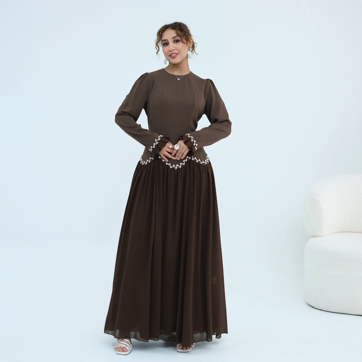 Black Crystal-Trim Ruffle Cuffs Maxi Dress – view 10