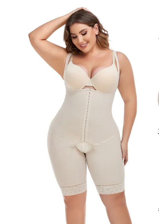 Beige full-body shapewear with lace trim, designed for smoothing and shaping curves.