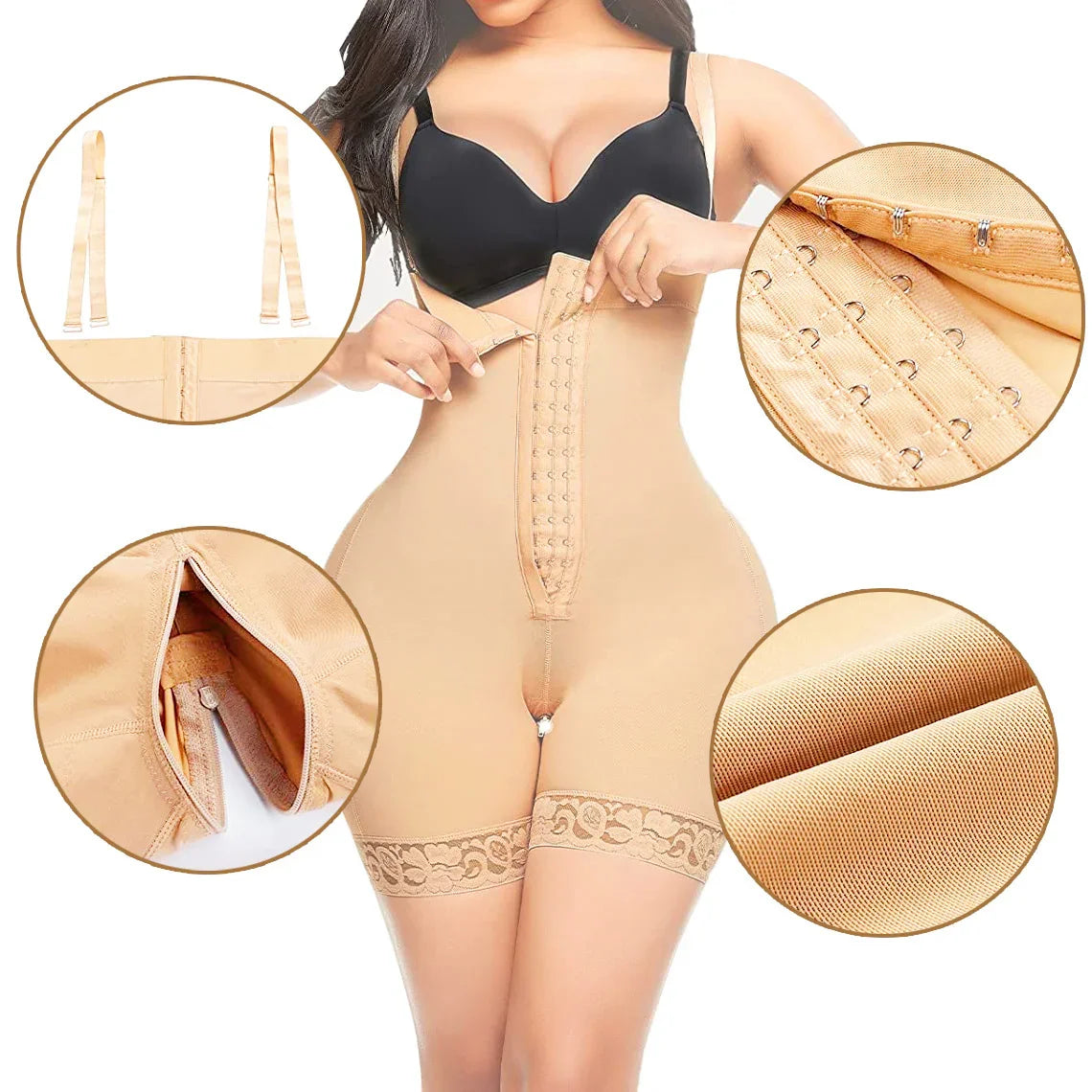 Beige full-body shapewear with lace trim, adjustable straps, and front hooks for tummy control and waist shaping