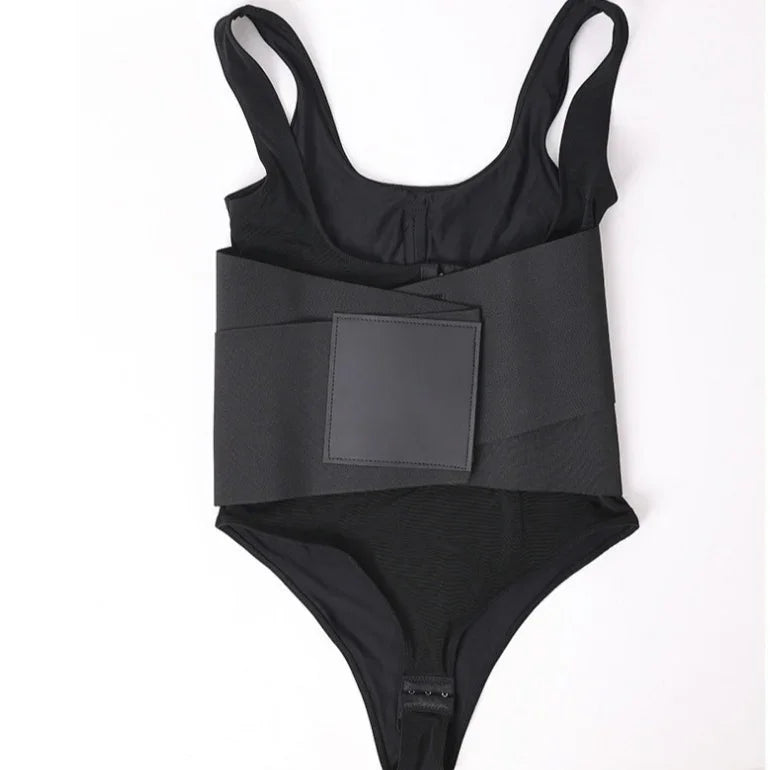 Black bodysuit with wide waist belt and square patch, trendy fashion one-piece