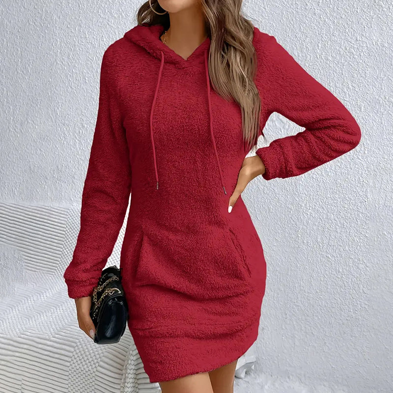 Women's Fuzzy Hoodie Dress - Slim Fit Long Sleeve Sweatshirt With Pocket, Cozy Casual Outfit