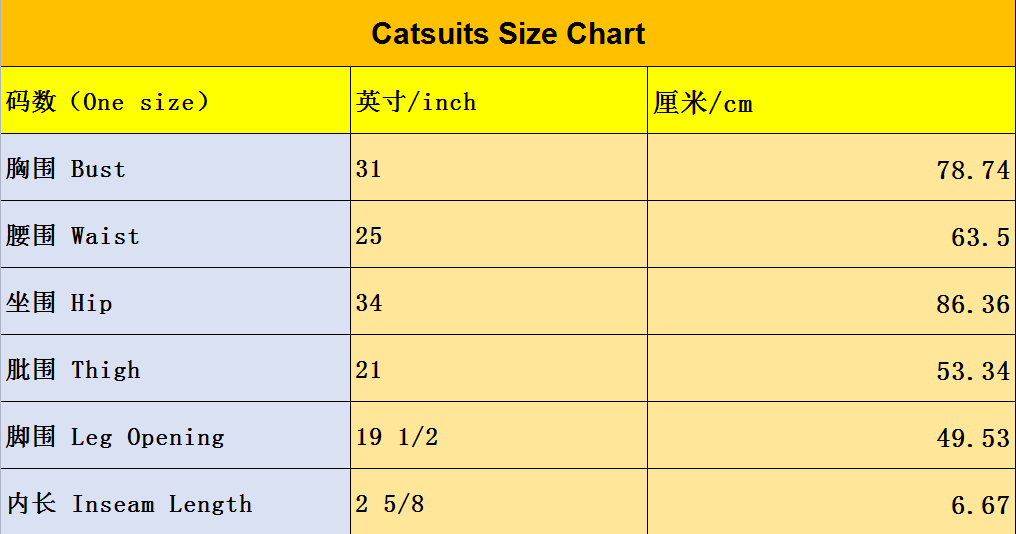 Catsuits size chart with measurements in inches and cm for bust, waist, hip, thigh, leg opening, and inseam