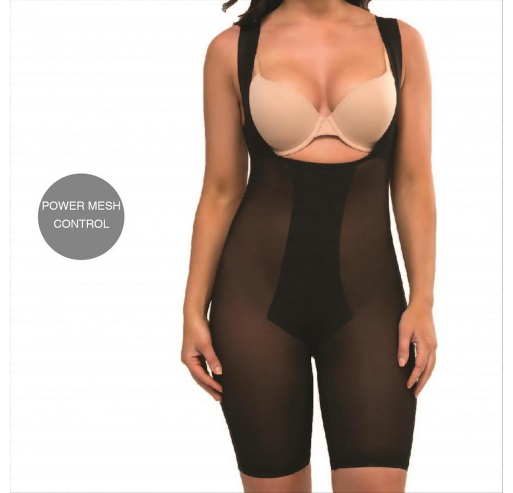 Shapewear Laser Cut Power Mesh Mid- Thigh Bodysuit - 153U090