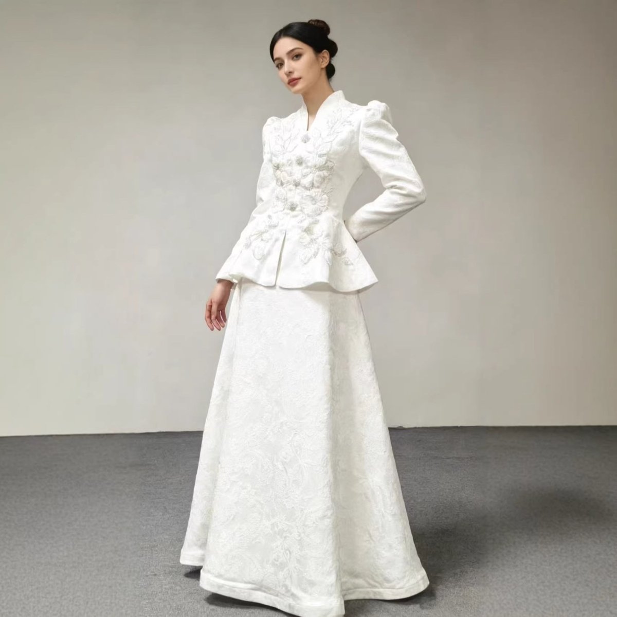 White 3D Floral Embroidered Peplum Top & Maxi Skirt Set – view 2