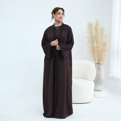 Light pink 3D Lace Trim Open Abaya & Sleeveless Dress Set – view 24