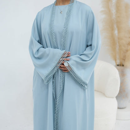 Light pink 3D Lace Trim Open Abaya & Sleeveless Dress Set – view 22