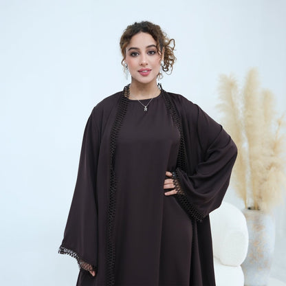 Light pink 3D Lace Trim Open Abaya & Sleeveless Dress Set – view 23