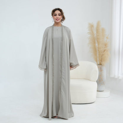 3D Lace Trim Open Abaya & Sleeveless Dress Set — 3d lace trim open abaya sleeveless dress setmoa323