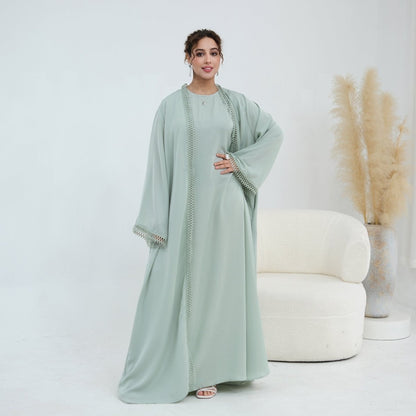 Light pink 3D Lace Trim Open Abaya & Sleeveless Dress Set – view 15