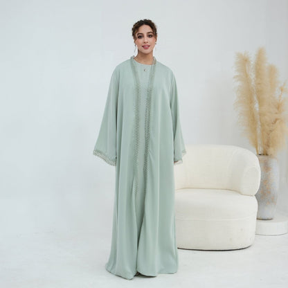 3D Lace Trim Open Abaya & Sleeveless Dress Set — 3d lace trim open abaya sleeveless dress setmoa323