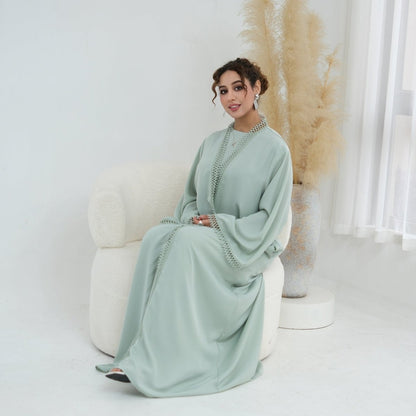 Light pink 3D Lace Trim Open Abaya & Sleeveless Dress Set – view 16