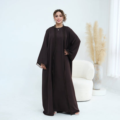 Light pink 3D Lace Trim Open Abaya & Sleeveless Dress Set – view 7