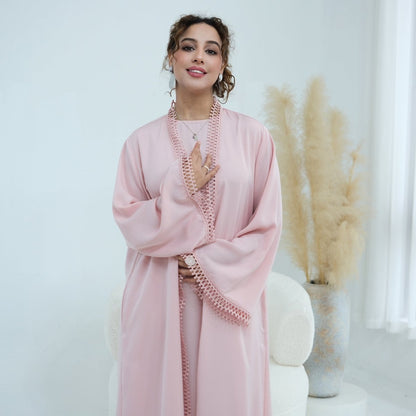 Light pink 3D Lace Trim Open Abaya & Sleeveless Dress Set – view 27