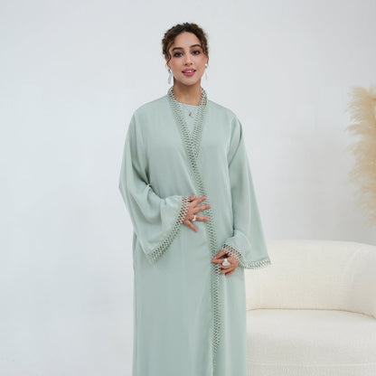 Light pink 3D Lace Trim Open Abaya & Sleeveless Dress Set – view 14