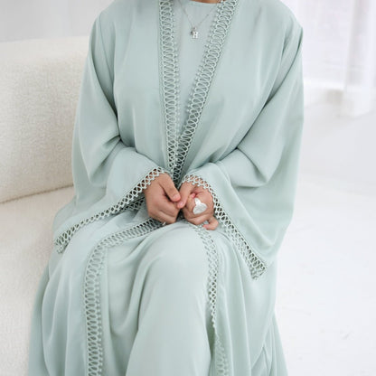 Light pink 3D Lace Trim Open Abaya & Sleeveless Dress Set – view 17