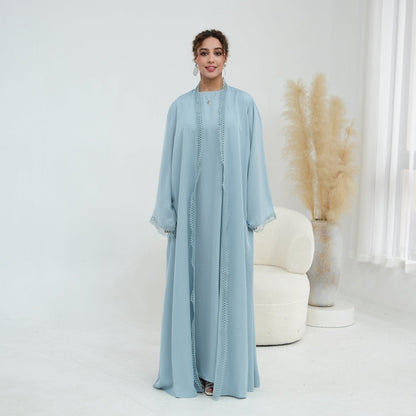 Light pink 3D Lace Trim Open Abaya & Sleeveless Dress Set – view 30