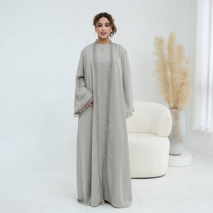 Light pink 3D Lace Trim Open Abaya & Sleeveless Dress Set