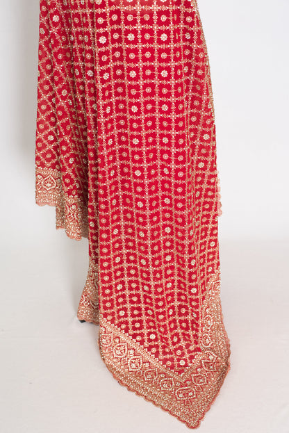 Eva Red & Gold Georgette Festive Saree — close-up of the hanging fabric and woven border