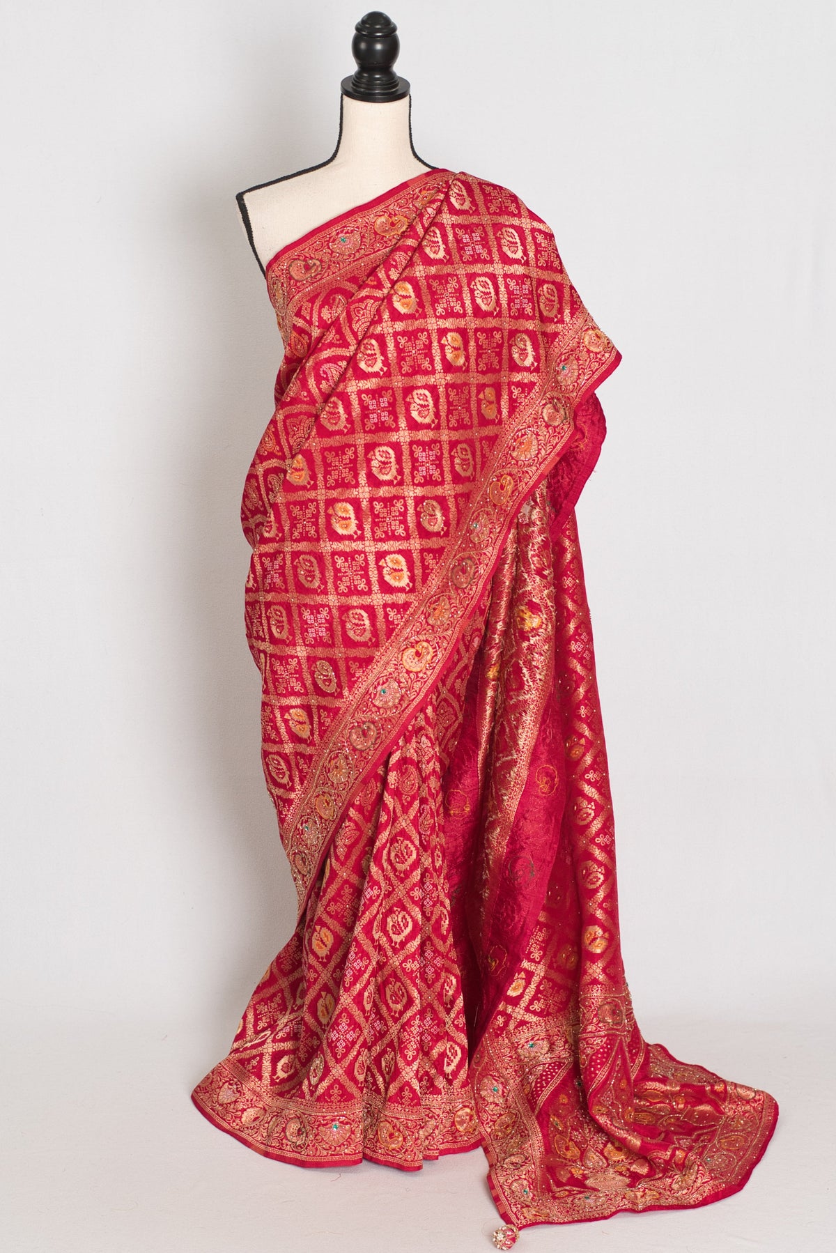Asha Rani Pink Dola Silk Banarasi Saree — draped on a mannequin, front view