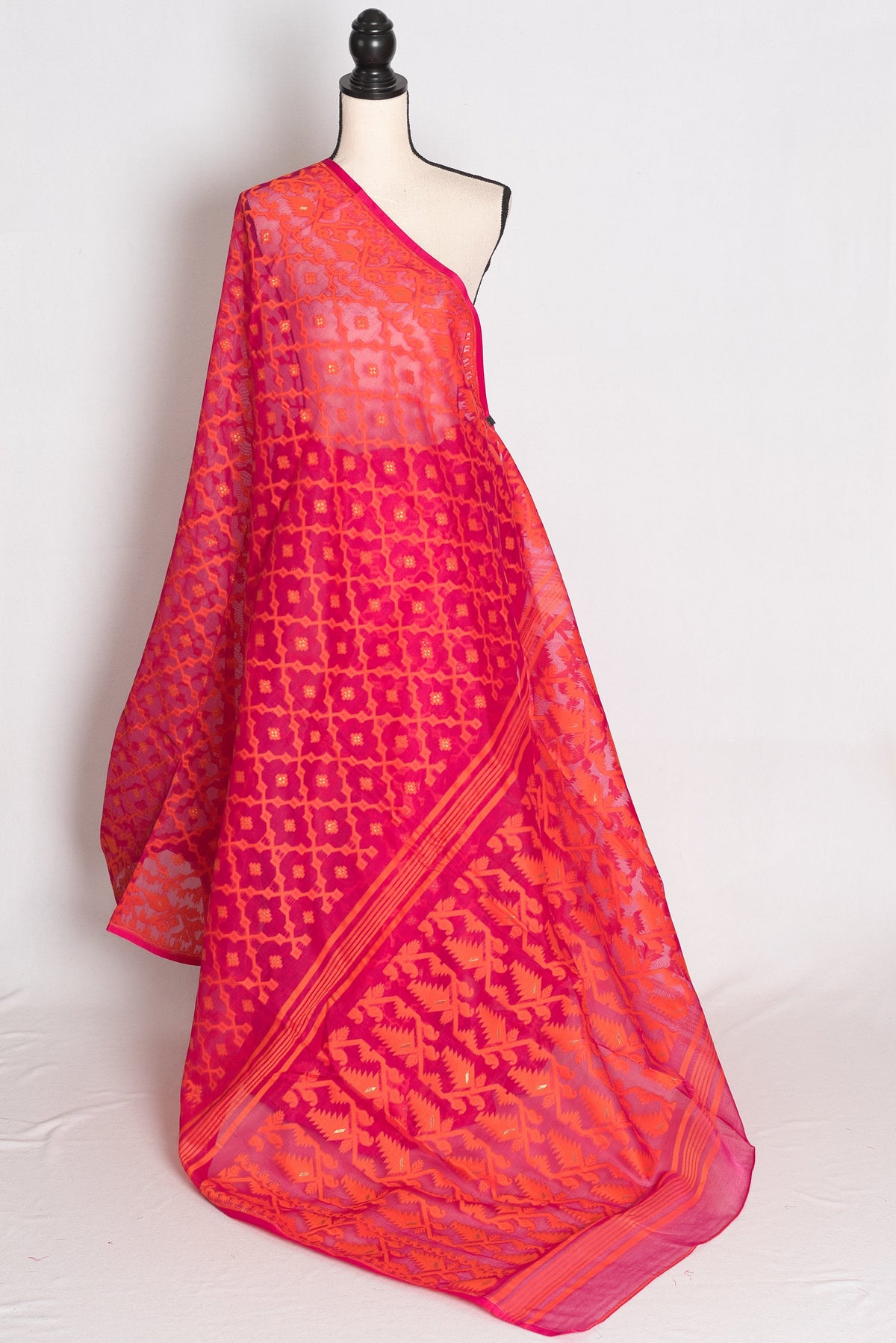 Nagma Pink & Orange Jamdani Saree — draped on a mannequin, back view