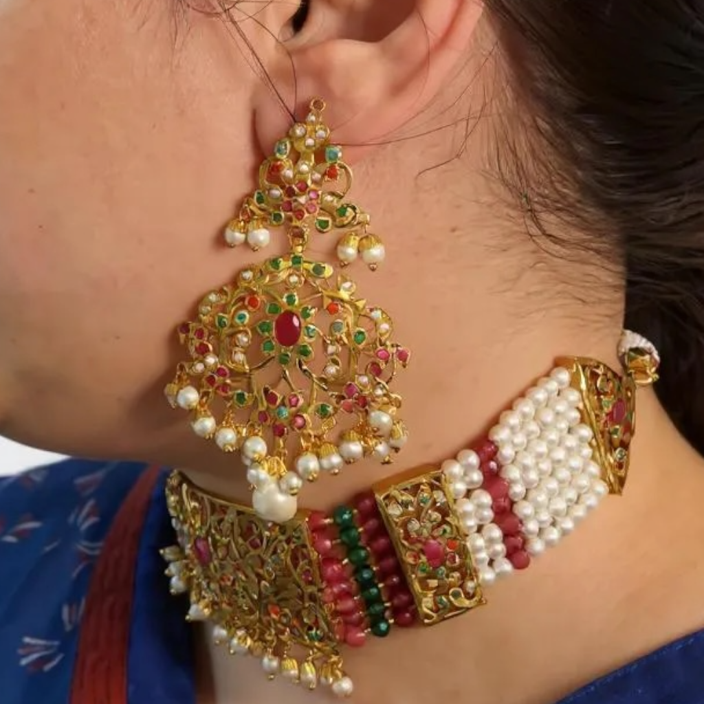 Gold-Plated Jadau Choker in Navratan