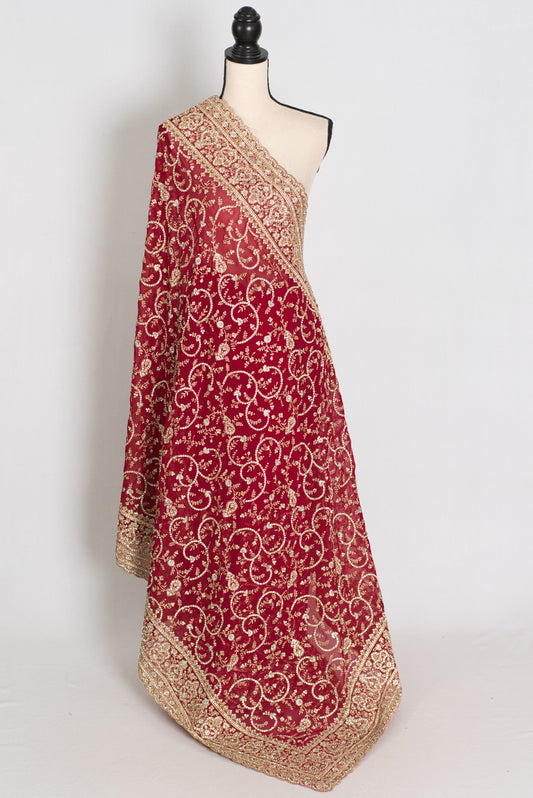 Maroon and Gold Georgette Festive Saree — draped on a mannequin, back view