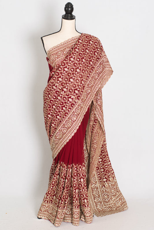 Mohey Maroon & Gold Georgette Festive Saree