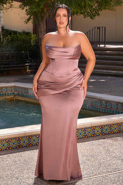 Ladivine satin strapless two-piece gown in Rosewood