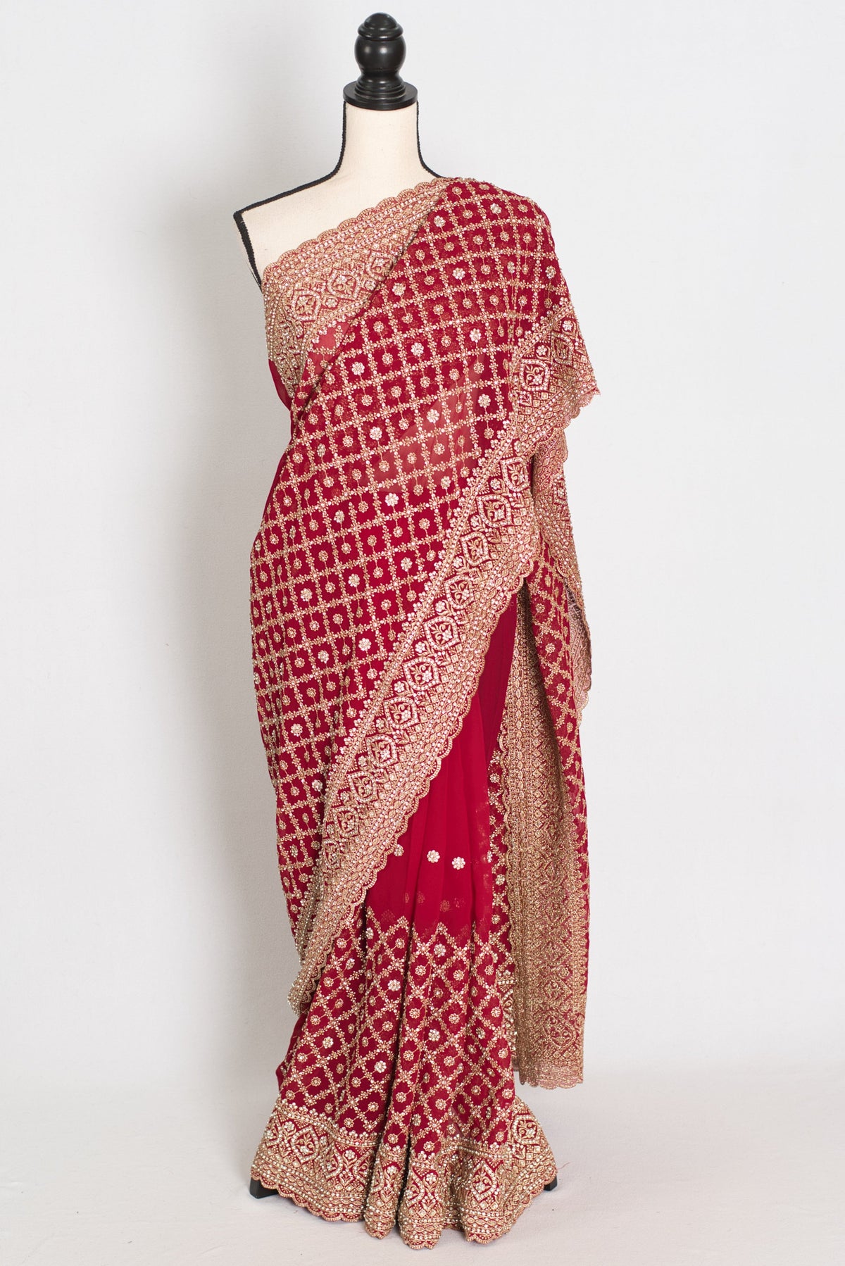 Dark Red and Gold Georgette Festive Saree