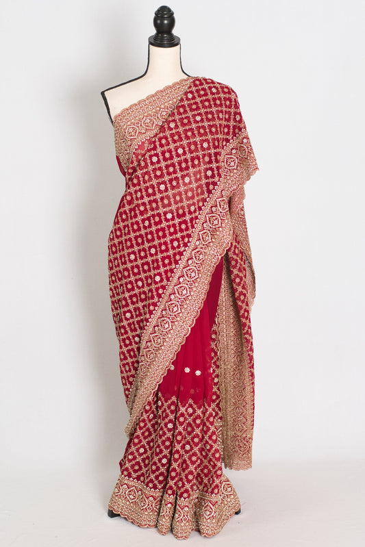Dark Red and Gold Georgette Festive Saree