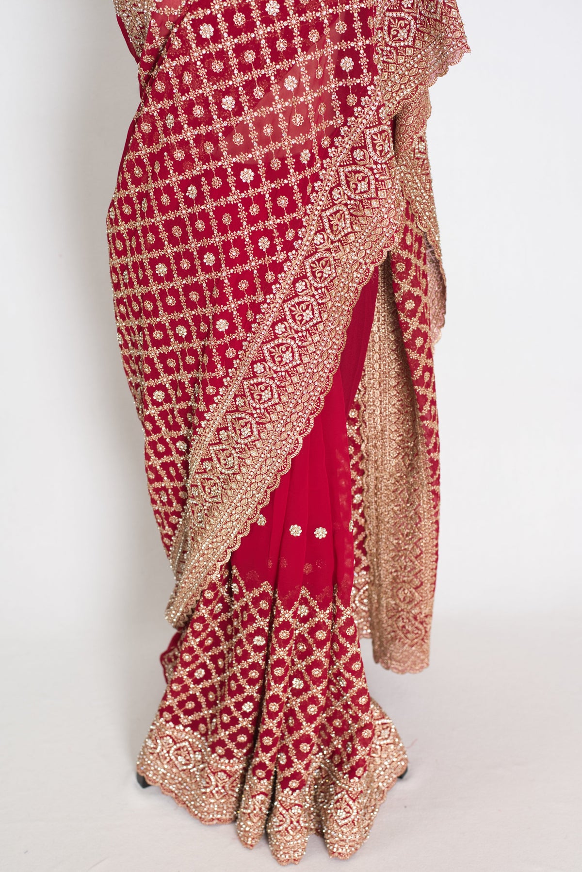 Dark Red and Gold Georgette Festive Saree
