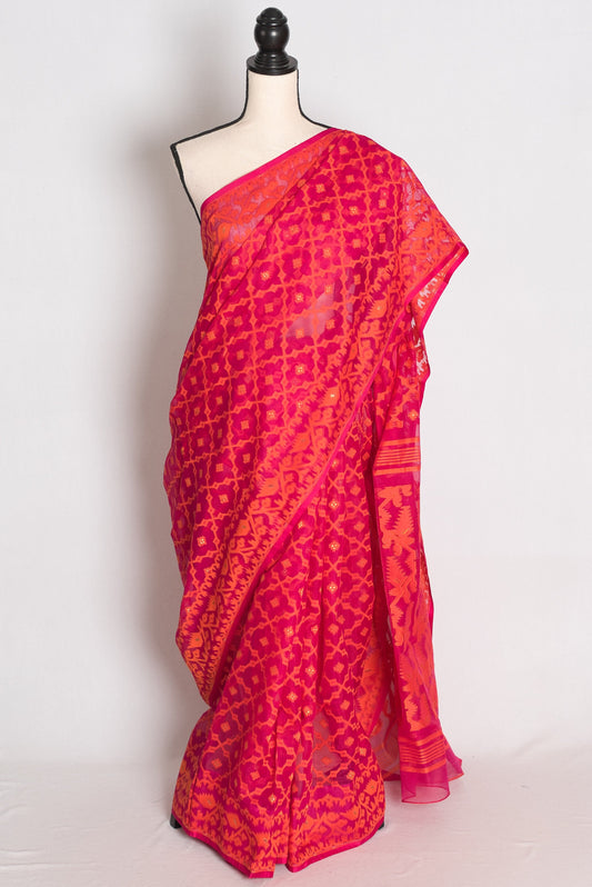 Nagma Pink & Orange Jamdani Saree — draped on a mannequin, front view